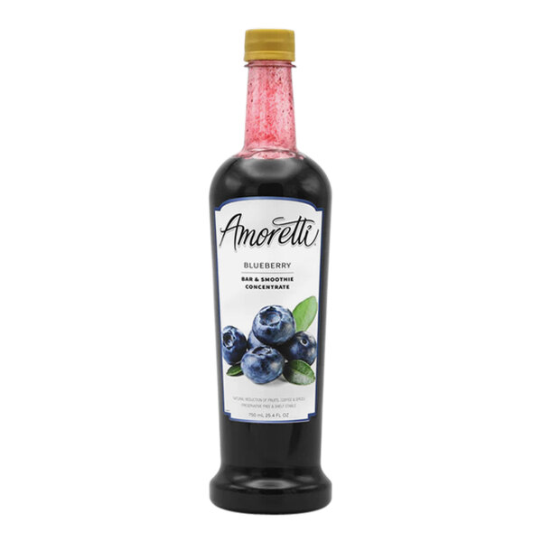 A bottle of Amoretti Blueberry Bar and Smoothie Concentrate with a label.