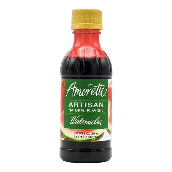 A close up of a bottle of Amoretti Watermelon Artisan Natural Flavor Paste with a green label.