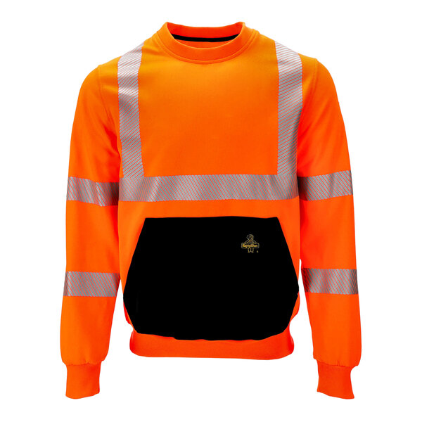 A black and orange RefrigiWear crewneck sweatshirt with reflective stripes.