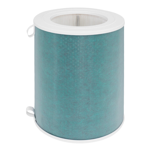 A blue and white air filter with a white top.