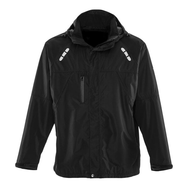 A black RefrigiWear rain jacket with a hood and zipper and white patch on the front.