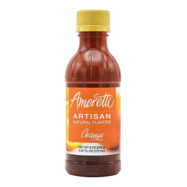 A bottle of Amoretti Orange Artisan Natural Flavor Paste with an orange label.