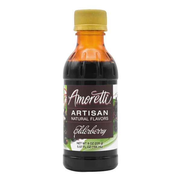 A bottle of Amoretti Elderberry Artisan Natural Flavor Paste with a label.