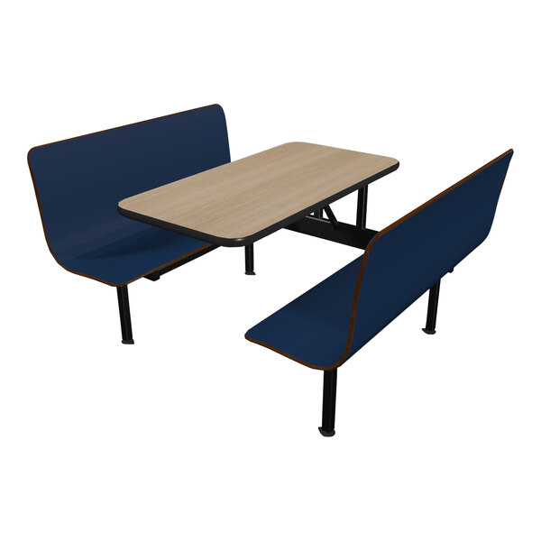 A Plymold table with beige top and two Atlantis blue benches with blue seats.
