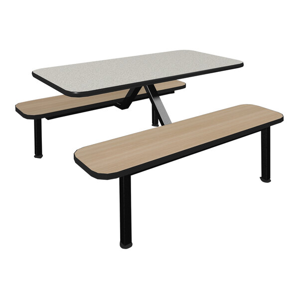 A Plymold white table top with beige seating on a table in a school cafeteria.