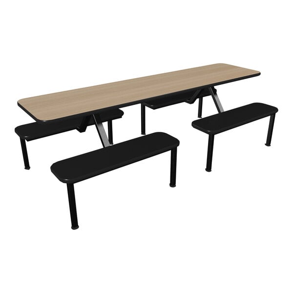 A beige Plymold table top with black seating on a table with benches.