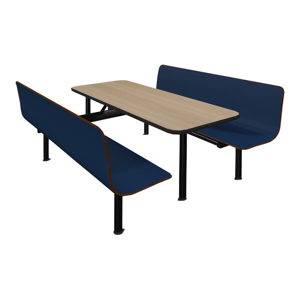 A Plymold beige table top with two blue benches.
