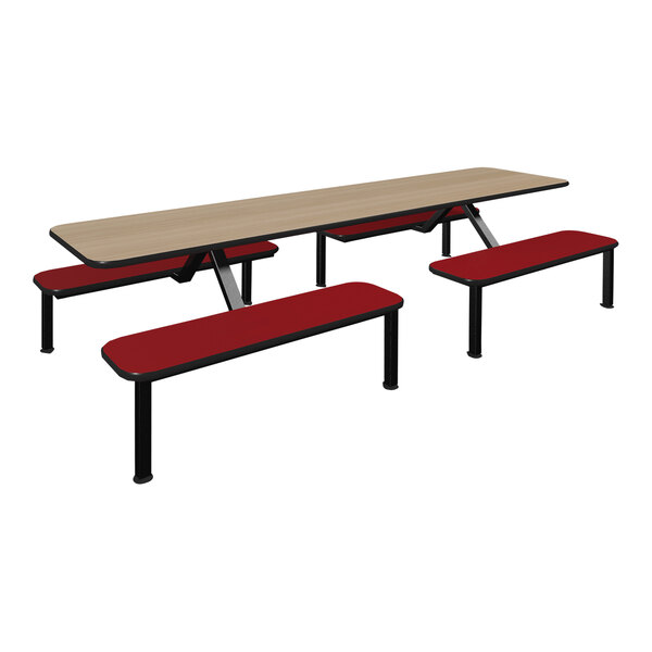 A Plymold table with hollyberry benches in a school cafeteria.