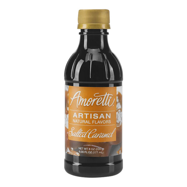 An 8 oz. bottle of Amoretti Salted Caramel Artisan Natural Flavor Paste with a label.