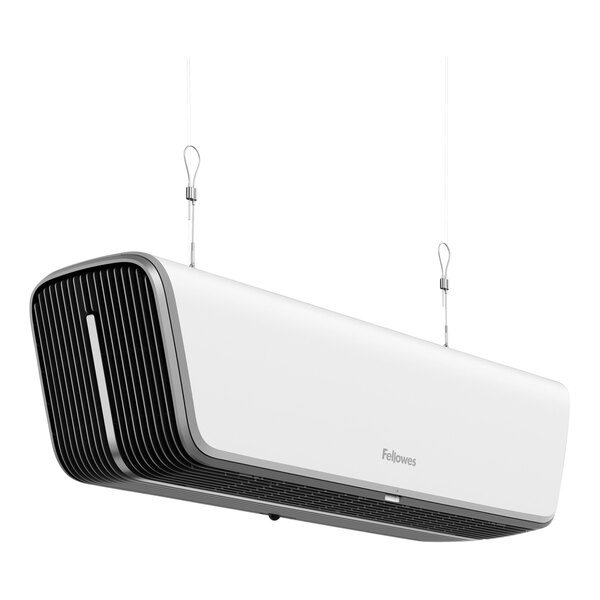 A white rectangular Fellowes Array air purifier hanging from a wire.