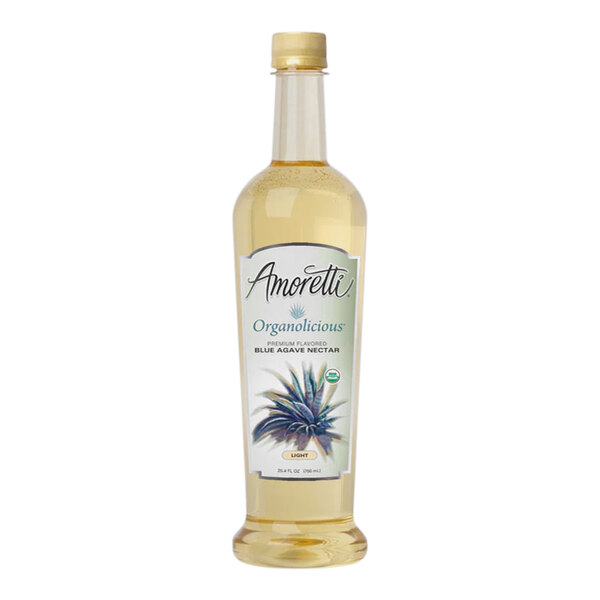 A close up of a bottle of Amoretti Organolicious Organic Light Blue Agave Nectar with a label.