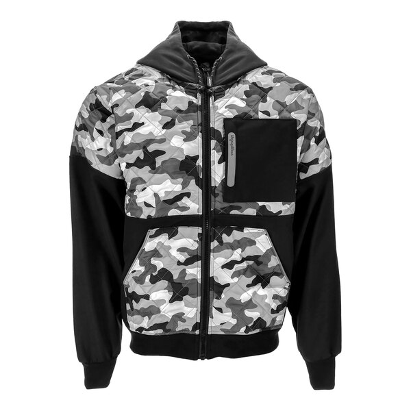 A black and white camouflage RefrigiWear jacket with pockets.