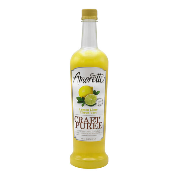 A yellow Amoretti Lemon-Lime Craft Puree bottle with a label.
