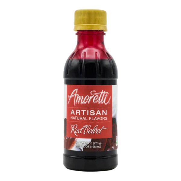 A bottle of Amoretti Red Velvet Artisan Natural Flavor Paste with a red label.