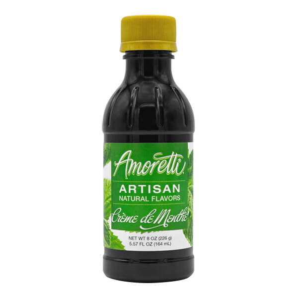 A bottle of Amoretti Creme de Menthe artisan natural flavor paste with a green label and yellow cap.