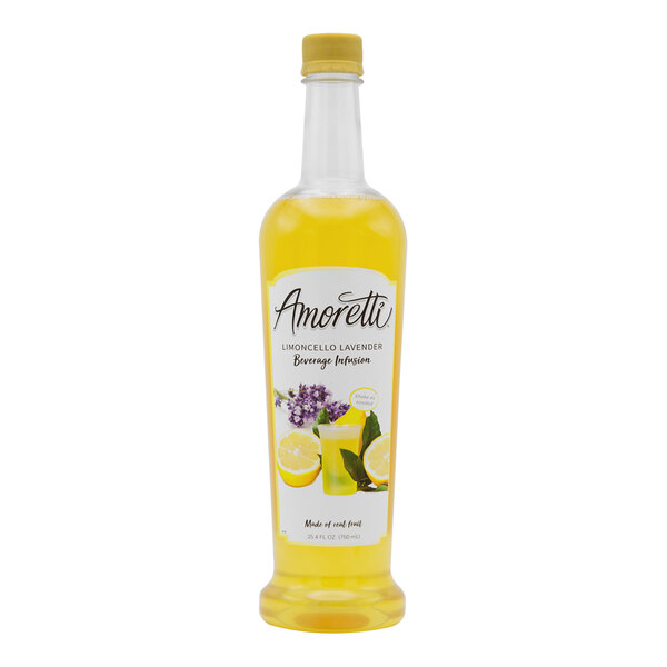 A bottle of Amoretti Limoncello Lavender Beverage Infusion on a white background.