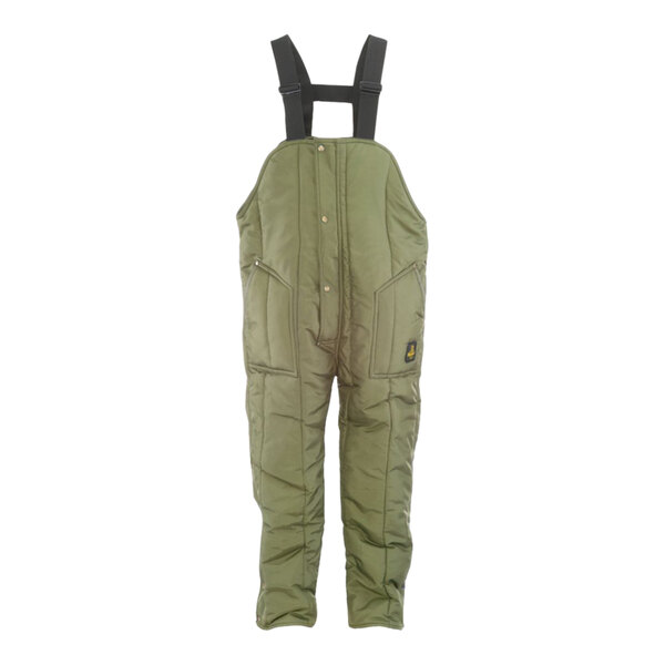 A pair of green RefrigiWear Iron-Tuff overalls with suspenders.
