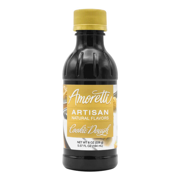 A black bottle of Amoretti Cookie Dough Artisan Natural Flavor Paste with a yellow label.