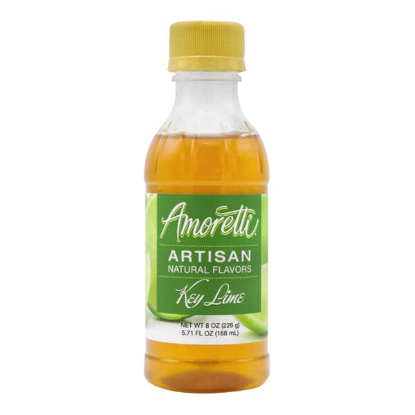 A close up of a bottle of Amoretti Key Lime Artisan Natural Flavor Paste with a green label.