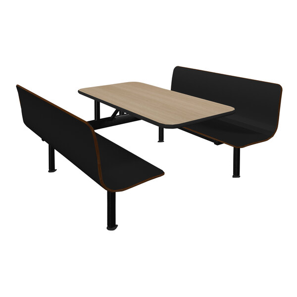 A Plymold beige table top with two black benches on a table.