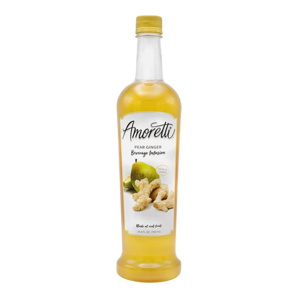 A bottle of Amoretti Pear Ginger Beverage Infusion with a yellow and white label.