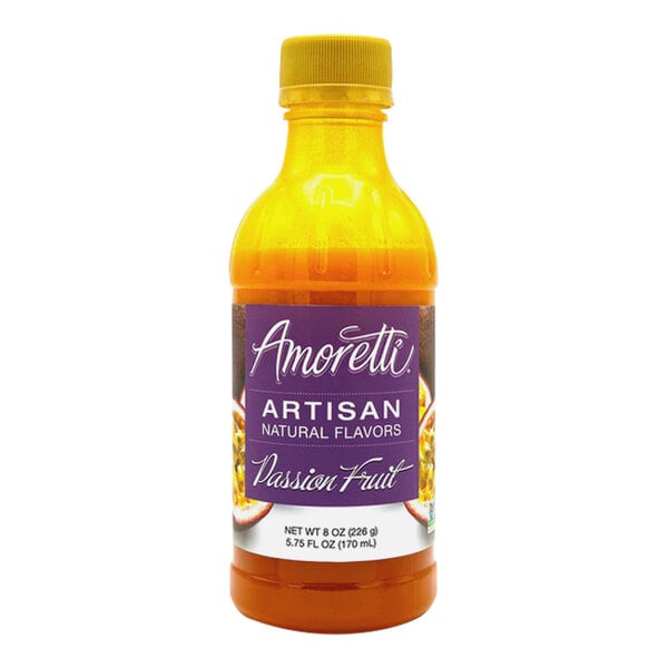 An 8 oz bottle of Amoretti Passion Fruit Artisan Natural Flavor Paste.