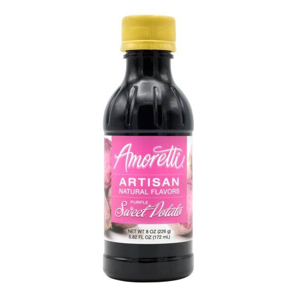 A bottle of Amoretti Ube Purple Sweet Potato Artisan Natural Flavor Paste with a yellow cap.