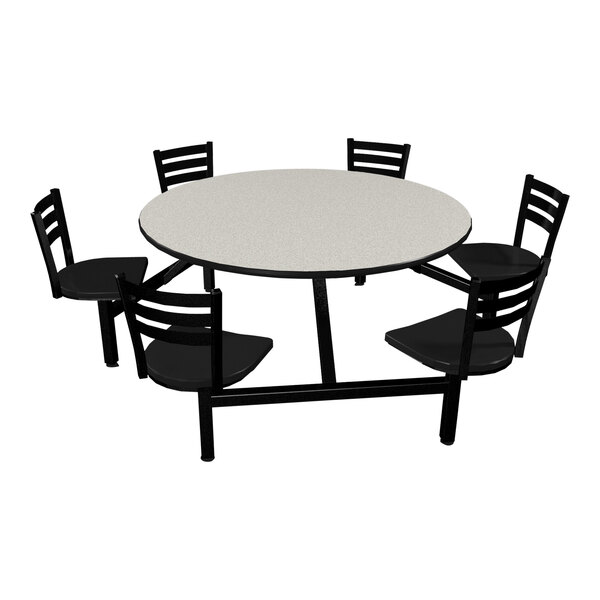 A white round Plymold Jupiter table with black seats around it.