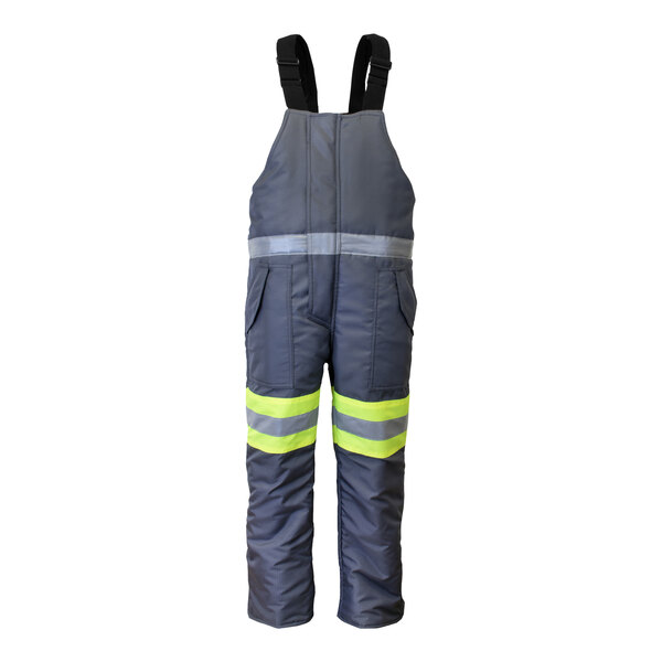 Grey and yellow RefrigiWear insulated bib overalls with reflective stripes on the legs.