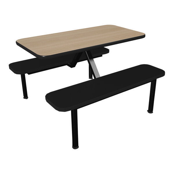 A Plymold beige table top with black seating on a table with benches.