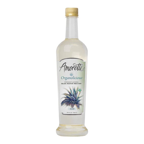 A white bottle of Amoretti Organolicious Organic Clear Blue Agave Nectar with a label.