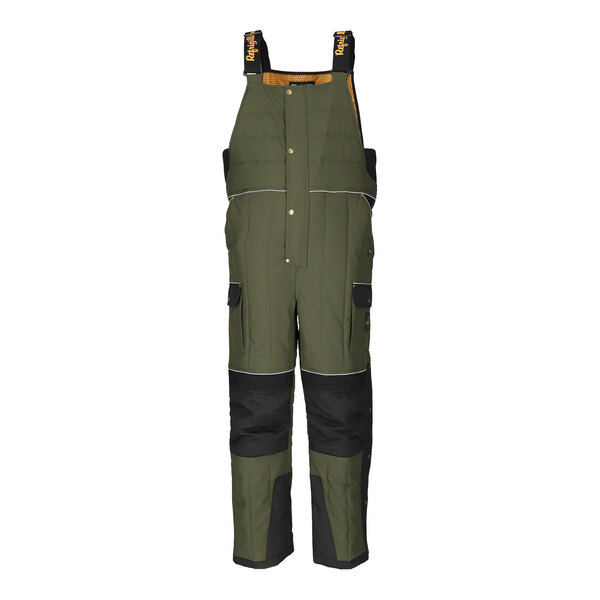 A pair of dark green and black RefrigiWear insulated bib overalls.