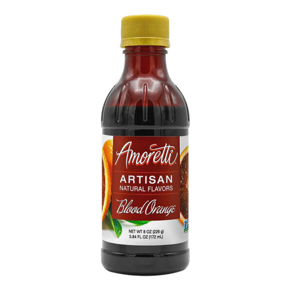 An 8 oz. bottle of Amoretti Blood Orange Artisan Natural Flavor Paste with a red label.