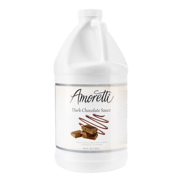 A white jug of Amoretti Dark Chocolate Sauce with a white label.