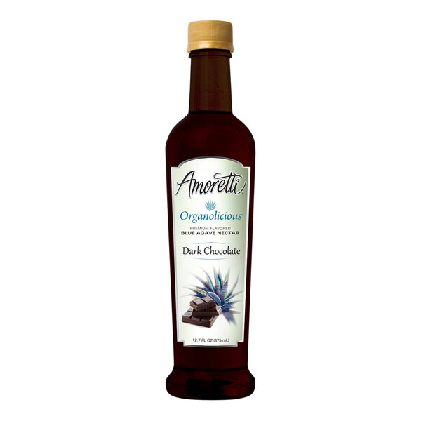 A bottle of Amoretti Organic Dark Chocolate Blue Agave Nectar syrup.
