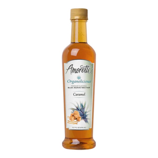 A bottle of Amoretti Organolicious Organic Caramel Blue Agave Nectar with a label.