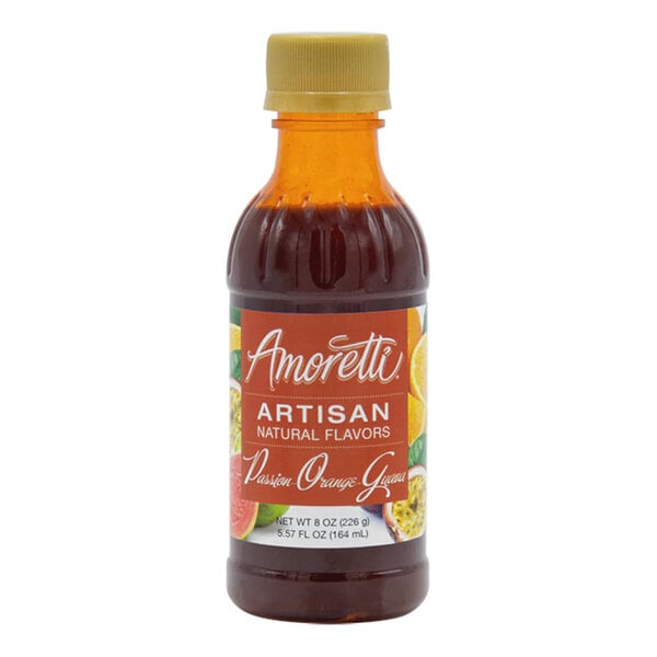 A bottle of Amoretti Passion Orange Guava artisan flavor paste on a counter.