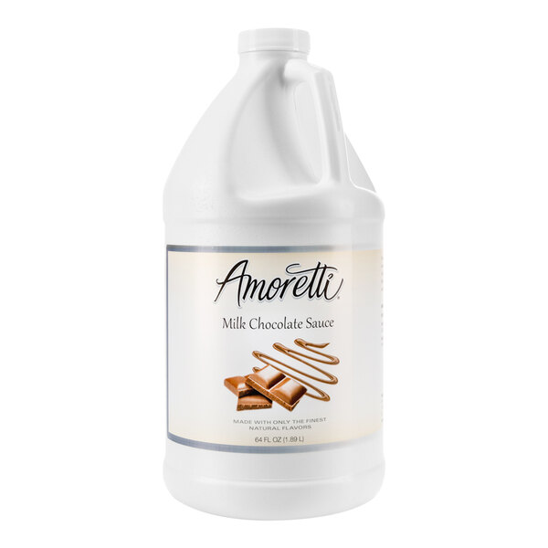 A white jug of Amoretti Milk Chocolate Sauce.