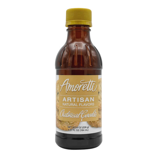 A bottle of Amoretti Oatmeal Cookie artisan natural flavor paste with a yellow cap and label.