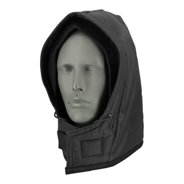 A mannequin wearing a RefrigiWear navy hood snapped onto a black jacket.