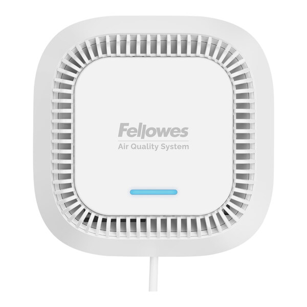 A white Fellowes Array Signal air quality monitoring device with a blue light.