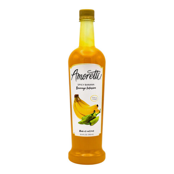 A bottle of Amoretti Spicy Banana Beverage Infusion with a yellow label.