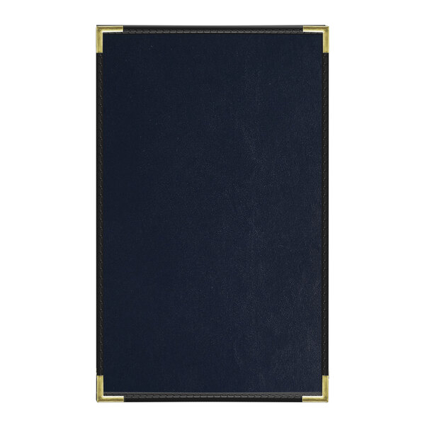A blue rectangular Oakmont menu cover with a clear view window.