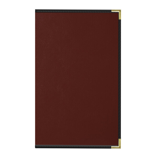 An Oakmont menu cover with black trim holding a red and black menu.
