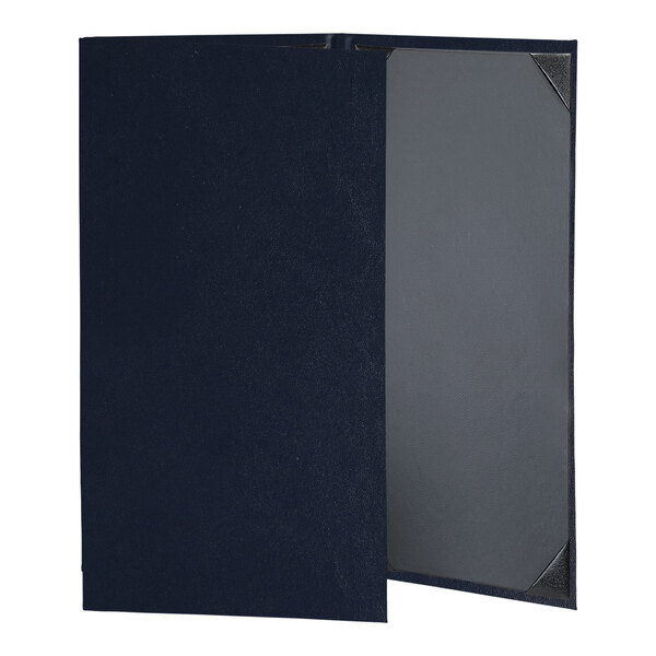 A navy blue menu cover with black and grey corners.