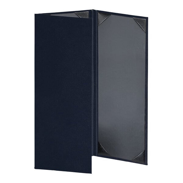 A navy blue rectangular menu cover with black album style corners.