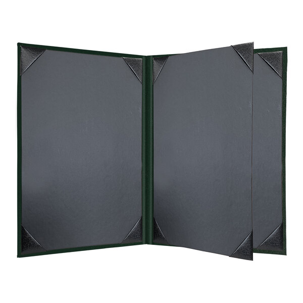 A black menu cover with green album style corners.
