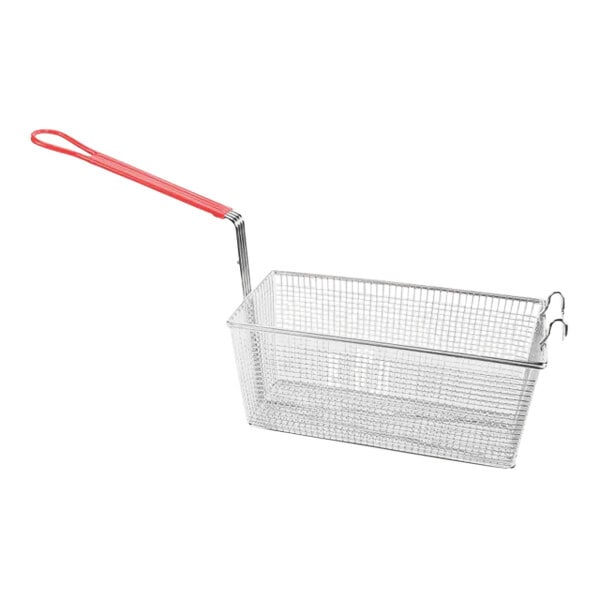 A Pitco wire fryer basket with a red handle.