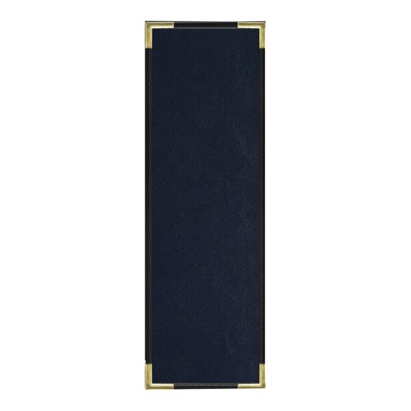 A rectangular blue menu cover with a black border and gold corners.
