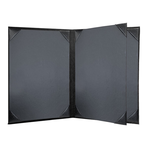 A black rectangular menu cover with black album style corners.